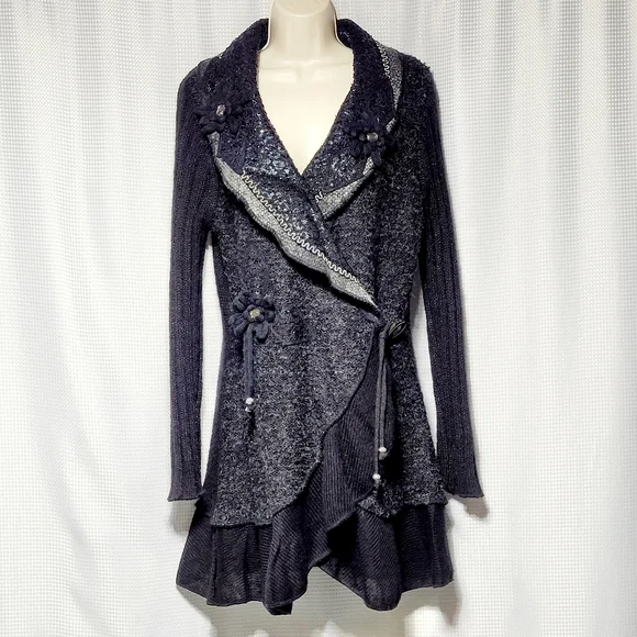 Sioni Women's Cardigan Vintage Inspired Artsy Black Wool & Mohair Blend (L) - Picture 2 of 15